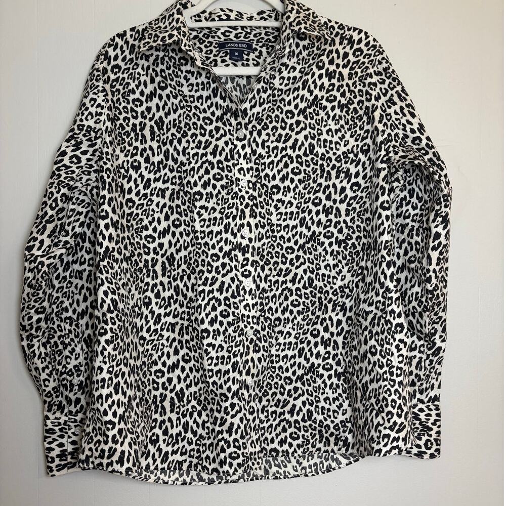 Lands' End Women's 16 No Iron Supima Cotton Button Front Long Sleeve Leopard Top